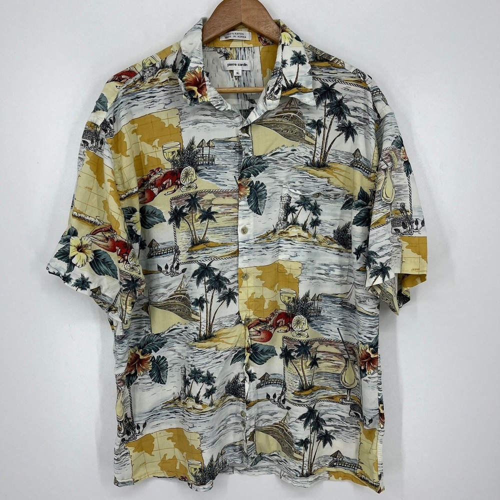 Pierre Cardin Mens XL Rayon Hawaiian Shirt Tropical Nautical Lobster Print Vtg